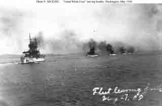 Atlantic Fleet battleships leave Seattle, Washington, 27 May 1908.