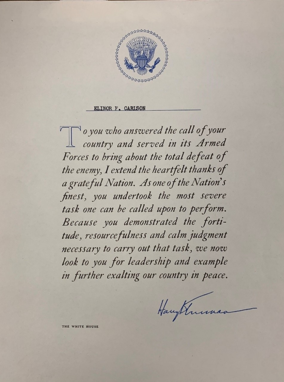 <p>Honorable Discharge Letter from President Truman, 1946.</p>