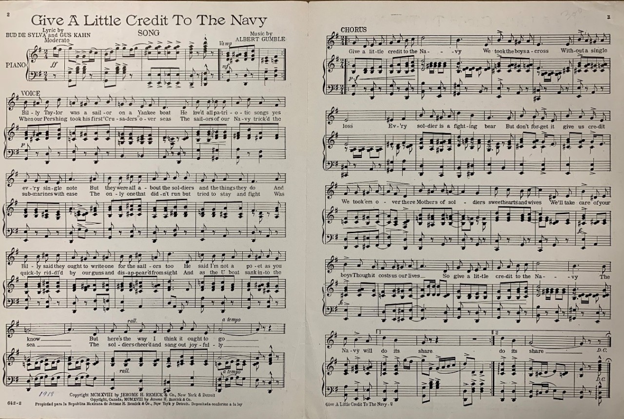 <p>Sheet music for the 1918 song, &quot;Give a Little Credit to the Navy&quot;</p>
