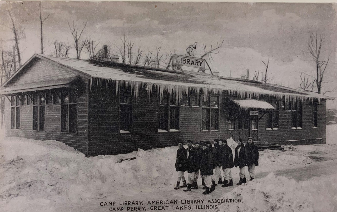Winter scene of Camp Library at Naval Station Great Lakes.
