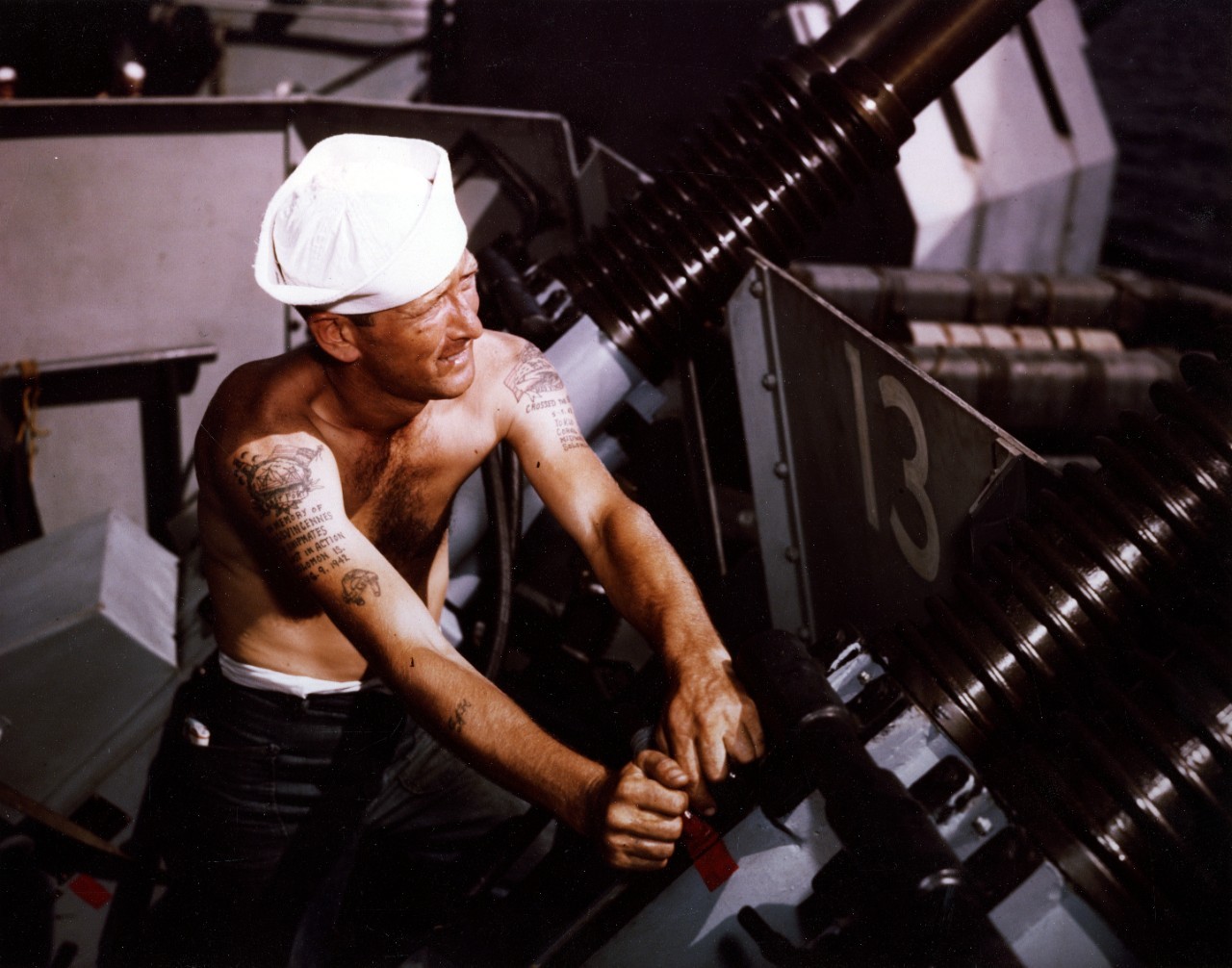 <p>Tattooed sailor aboard USS Missouri</p>