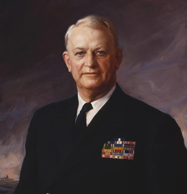 Link goes to a brief Mission and History area.  Artwork shows museum's founder, Chief of Naval Operations Admiral Arleigh A. Burke.