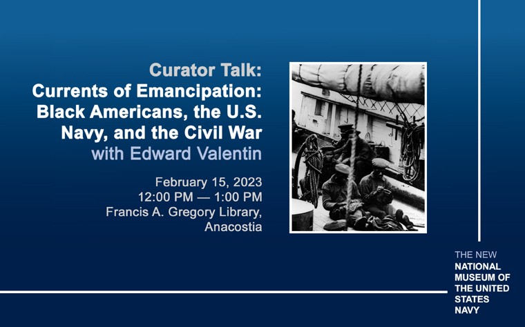 Presentation banner for Dr. Edward Valentin's event on February 15 showing men from civil-war era ship Miami