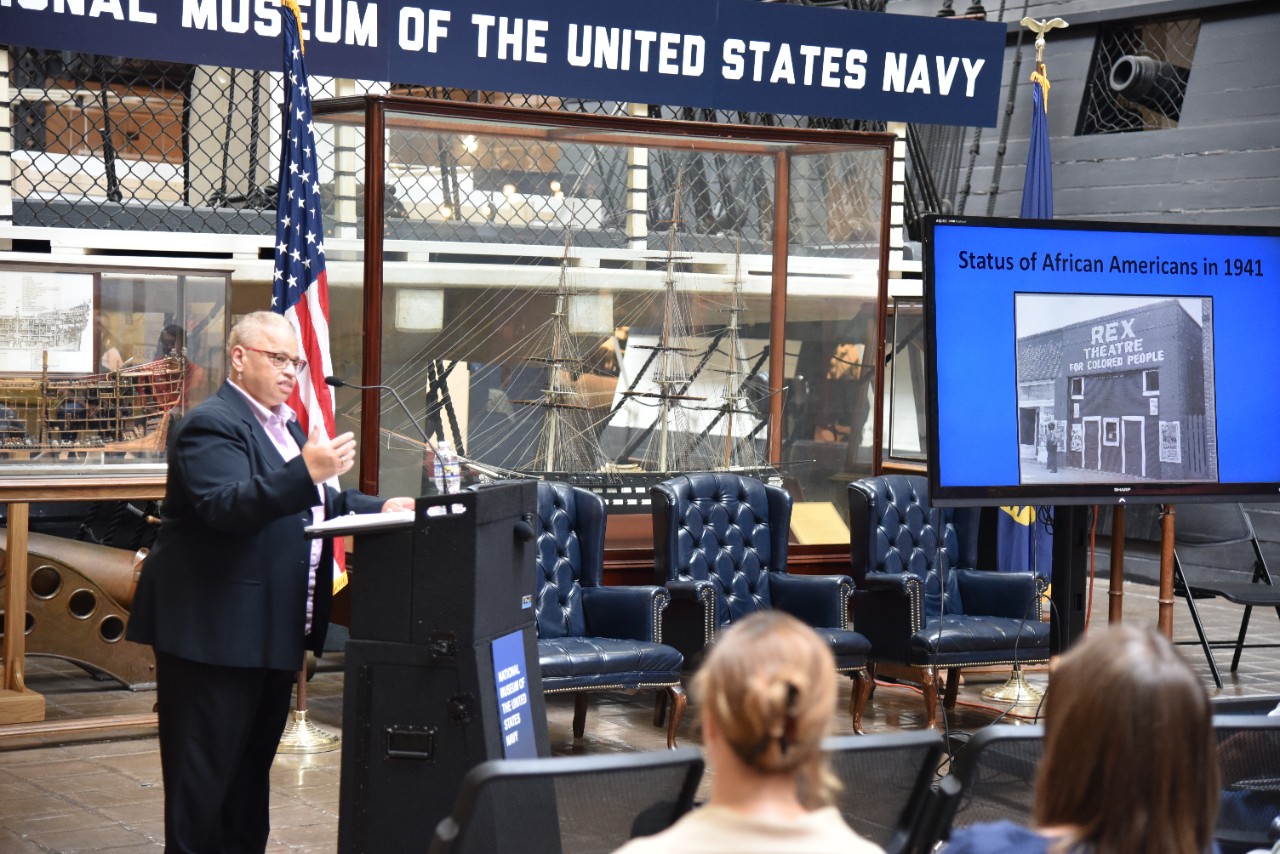 Dr. Regina T. Akers giving her lecture at the National Museum of the U.S. Navy on August 10, 2023