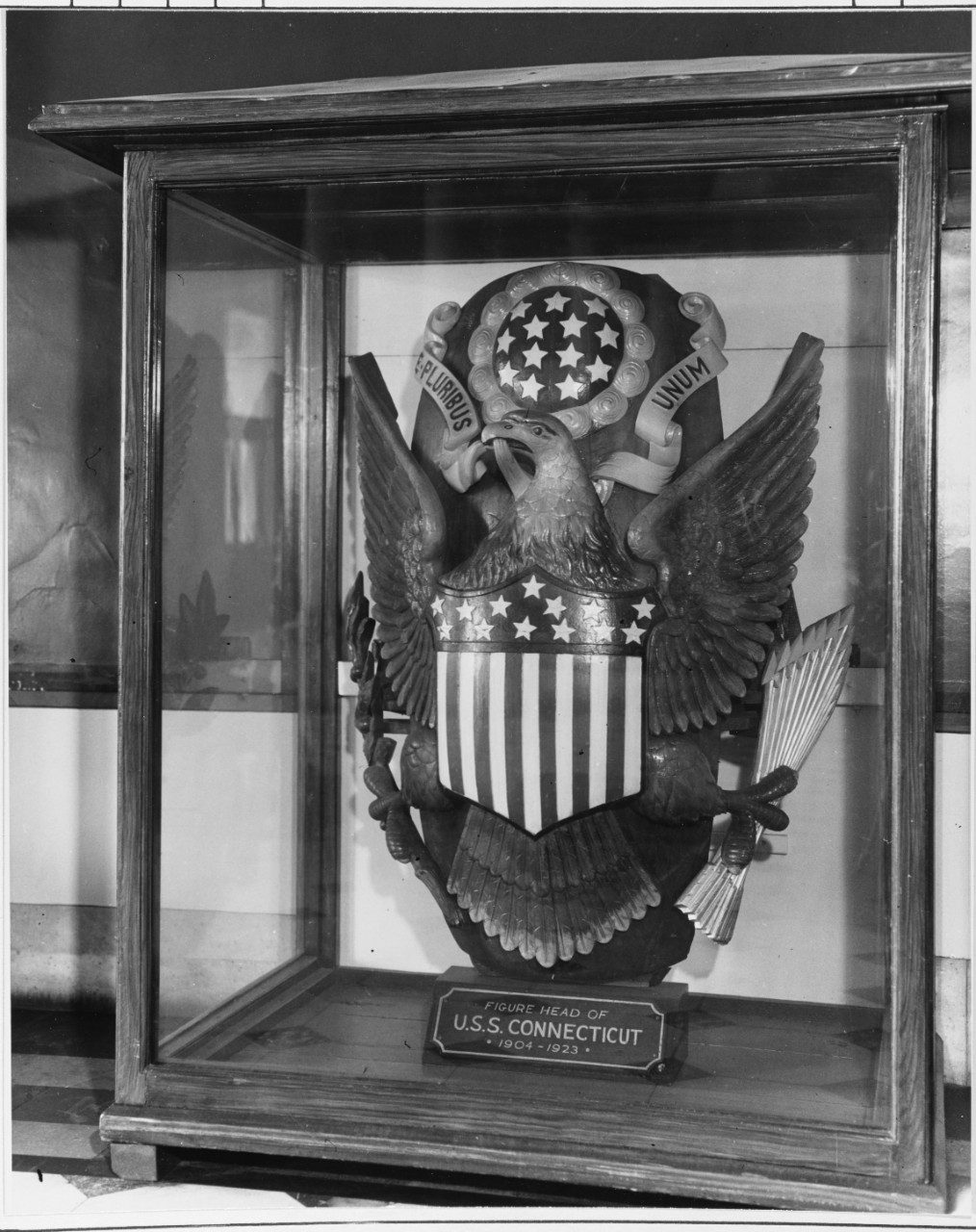 NH 115250: USS Connecticut figurehead. On display in lobby of the state capitol, Hartford, Connecticut. NHHC Photograph Collection.