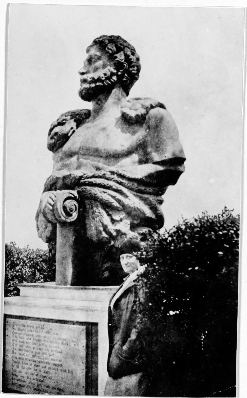 NH 44587: USS Ohio (1817-83) figurehead. On display along the Montauk Highway, Long Island, New York. The carving depicts Hercules. NHHC Photograph Collection.