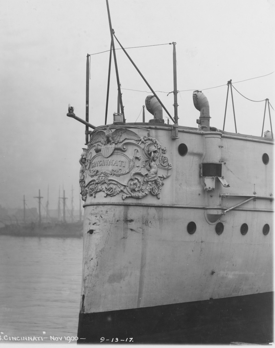 NH 115209: USS Cincinnati figurehead, November 1900. NHHC Photograph Collection.