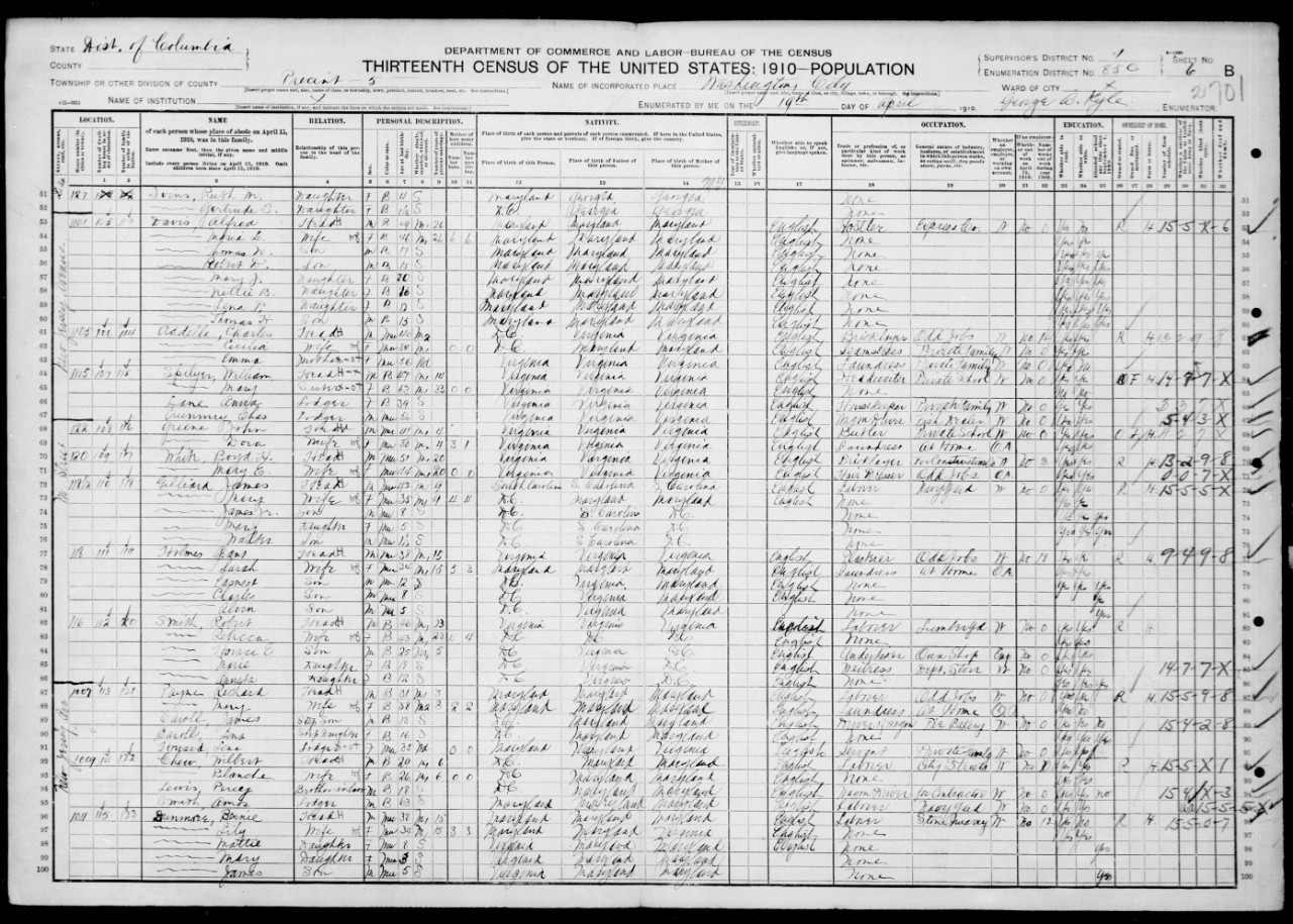 United States Census 1910, District of Columbia, Washington, Precinct 5, ED 106.