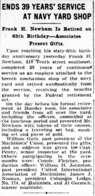 The Navy Yard hosts a retirement ceremony for a long-time employee in the breech mechanism shop. The National Museum of the U.S. Navy continues to host retirement ceremonies today.  The Evening Star, February 23, 1927.  Courtesy of the Library of Congress. 