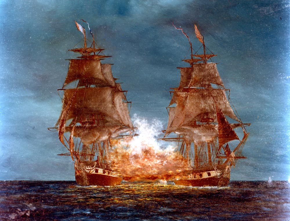 Quasi-War with France, 1798-1800. USS Constellation vs. French frigate la Vengeance, off West Indies, February 1, 1800. Artwork by Arthur N. Disney, Sr. 