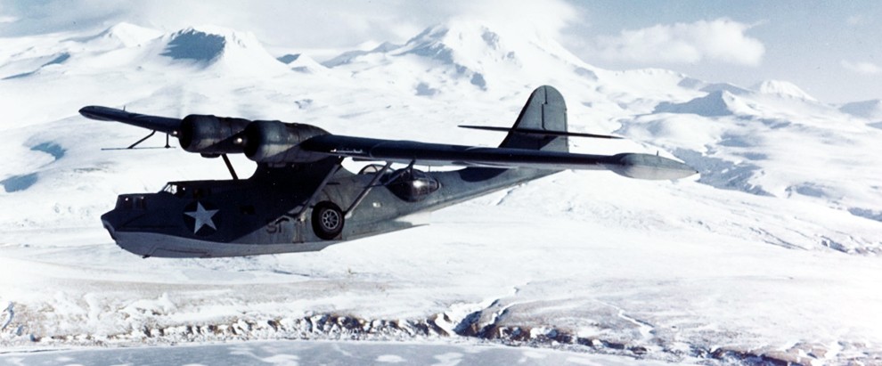 80-G-K-15434:   Consolidated PBY-5A “Catalina” patrol bomber on a patrol flight over Aleutian Islands, circa 1943-43.   Official U.S. Navy Photograph, now in the collections of the National Archives.
