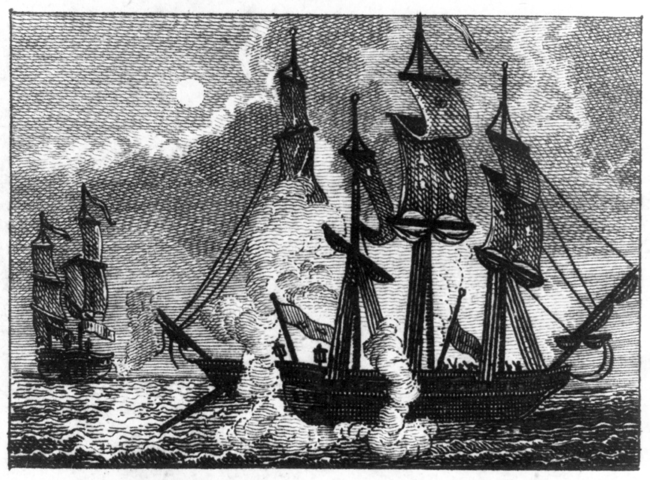 LC-USZ62-55887:   Continental frigate Bonhomme Richard vs. HMS Serapis, September 23, 1779.   Woodcut from the publication, “Memoirs de Paul Jones.”   Courtesy of the Library of Congress.   
