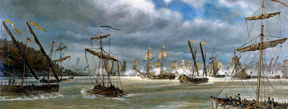 NH 83140-KN:  Battle of Valcour Island on Lake Champlain, October 11, 1776.  Artwork by V. Zveg.  Courtesy of the Navy Art Gallery.  NHHC Photograph Collection.        