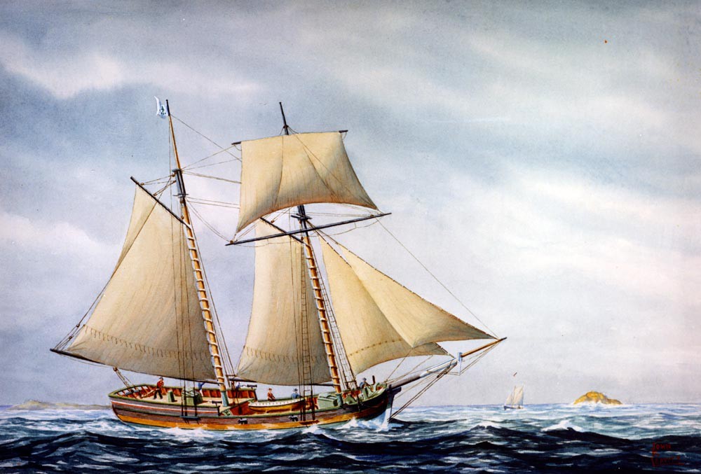 NH 51097-KN:   Continental schooner Hannah, 1775.  Artwork by John F. Leavitt.  Original painting was donated by Mr. Reynolds Girdler to USS Glover (AGDE-1).  John Glover was of Marblehead, Massachusetts and was owner of Hannah.  She was the first armed vessel fitted out and in the service of the United States, September 1775.   Courtesy of the Navy Art Gallery.  NHHC Photograph Collection.  