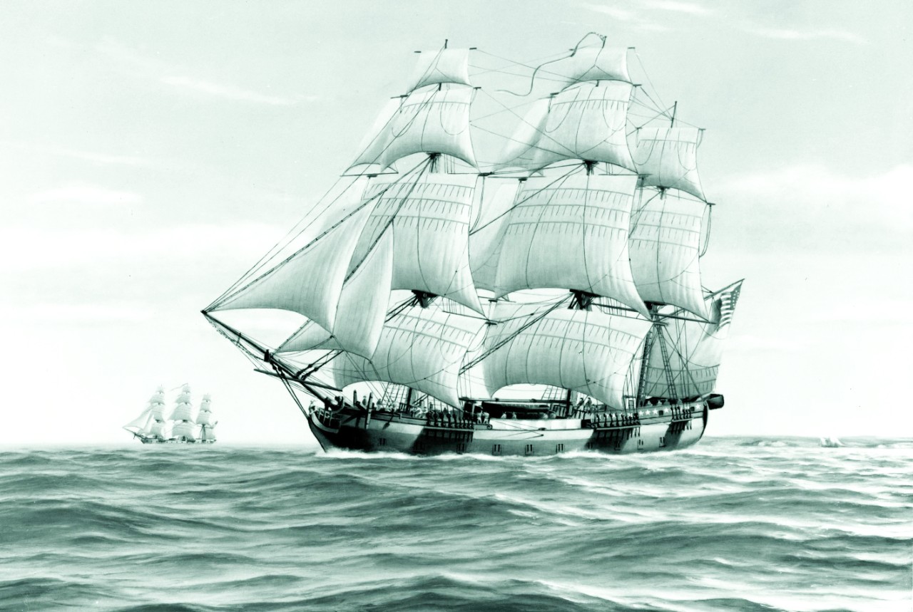 SI  64892:   Continental ship Alfred (1775-1778).   Shown off the coast of France in company with Continental frigate Raleigh, 1777.   Painting by Colonel Phillips Melville, United States Air Force, (Retired), circa 1968.   Courtesy of the Smithsonian Institution.