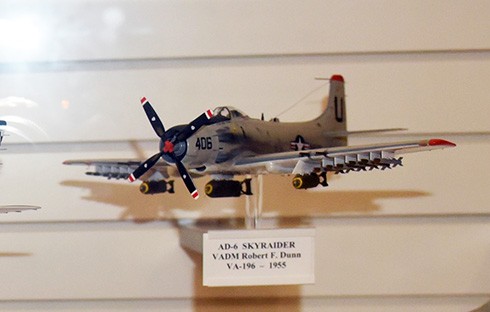 An aircraft model of an AD-6 “Skyraider” located in the North End of the Cold War Gallery. 