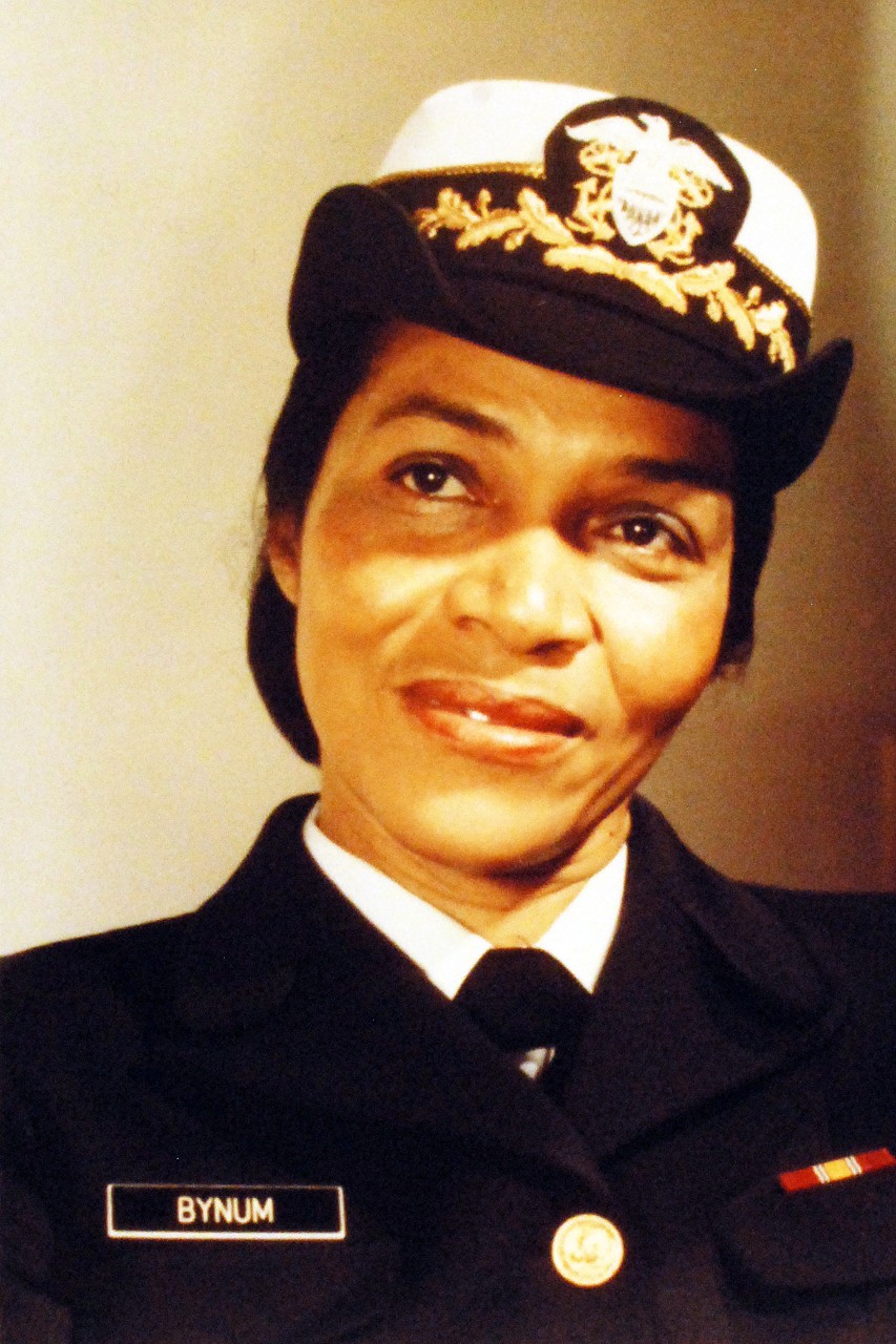 428-GX-K-122086:  Captain Joan C. Bynum, November 1978.    Bynum was the first African-American woman to advance to the rank of Captain in the U.S. Navy.  The 44 year-old nurse was stationed at the U.S. Naval Regional Medical Center, Yokosuka, Japan, and has 20 years of naval service.  Photographed by JO1 Gerald Atchison, November 22, 1978.  Official U.S. Navy Photograph, now in the collections of the National Archives.  