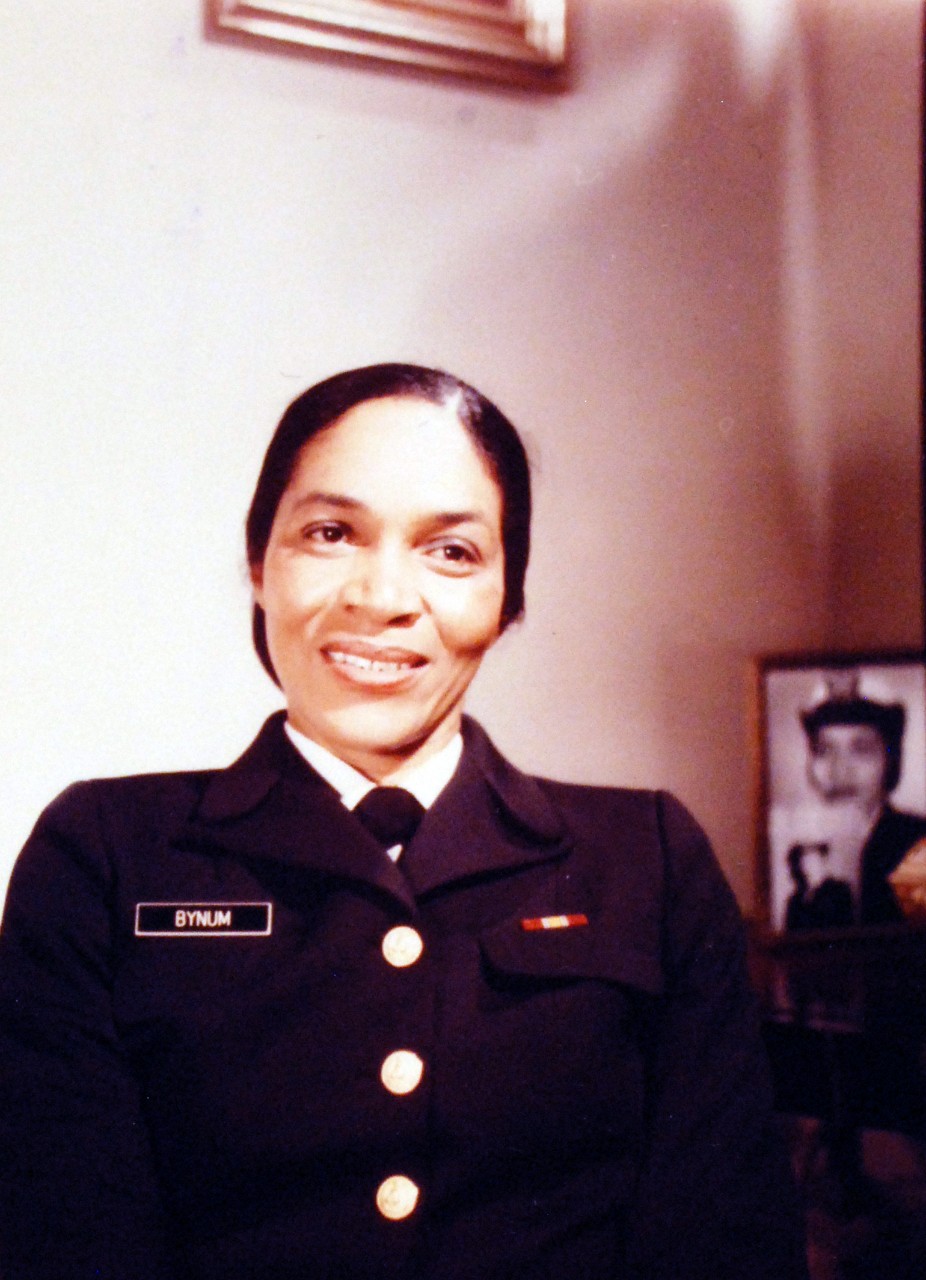 428-GX-K-122087:  Captain Joan C. Bynum, November 1978.    Bynum was the first African American woman to advance to the rank of Captain in the U.S. Navy.  The 44 year-old nurse was stationed at the U.S. Naval Regional Medical Center, Yokosuka, Japan, and has 20 years of naval service.  Photographed by JO1 Gerald Atchison, November 22, 1978.  Official U.S. Navy Photograph, now in the collections of the National Archives.  