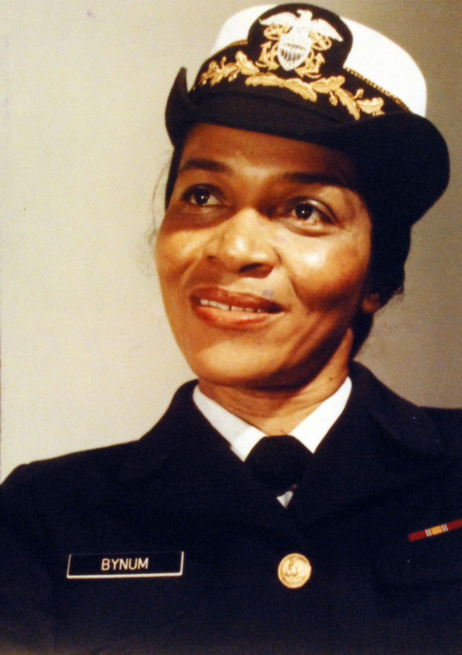 428-GX-K-122089:  Captain Joan C. Bynum, November 1978.    Bynum was the first African American woman to advance to the rank of Captain in the U.S. Navy.  The 44 year-old nurse was stationed at the U.S. Naval Regional Medical Center, Yokosuka, Japan, and has 20 years of naval service.  Photographed by JO1 Gerald Atchison, November 22, 1978.  Official U.S. Navy Photograph, now in the collections of the National Archives.  