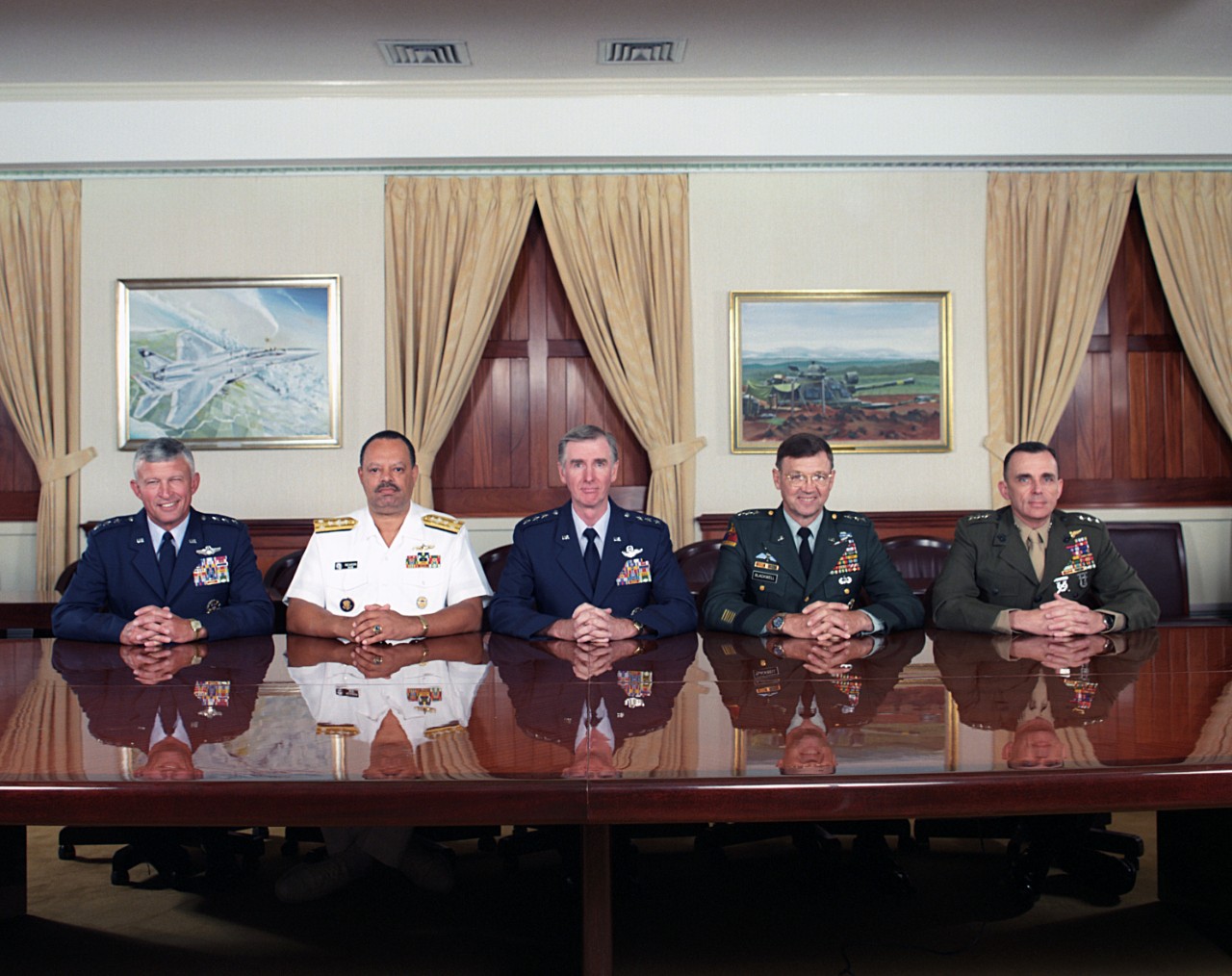 330-CFD-DD-SC-07-21487:   Formal Portrait: Joint Chiefs of STAFF, Operations Deputies Group, 1995.   Pictured left-to-right are: U.S. Air Force LT. GEN. Ralph E. Eberhart, Deputy CHIEF of STAFF for Plans and Operations; U.S. Navy Vice Adm. J. Paul Reason, Deputy CHIEF of Naval Operations for Plans, Policy, and Operations; U.S. Air Force LT. GEN. Walter Kross, Director, Joint STAFF; U.S. Army LT. GEN. Paul E. Blackwell, Deputy CHIEF of STAFF for Operations at Headquarter, Department of the Army; and U.S. Marine Corps LT. GEN. Arthur C. Blades, Deputy CHIEF of STAFF for Plans, Policies, and Operations, Marine Headquarters, July 5, 1995. OSD Package No. A07D-00345.   Official Department of Defense photograph, now in the collection of the National Archives. 