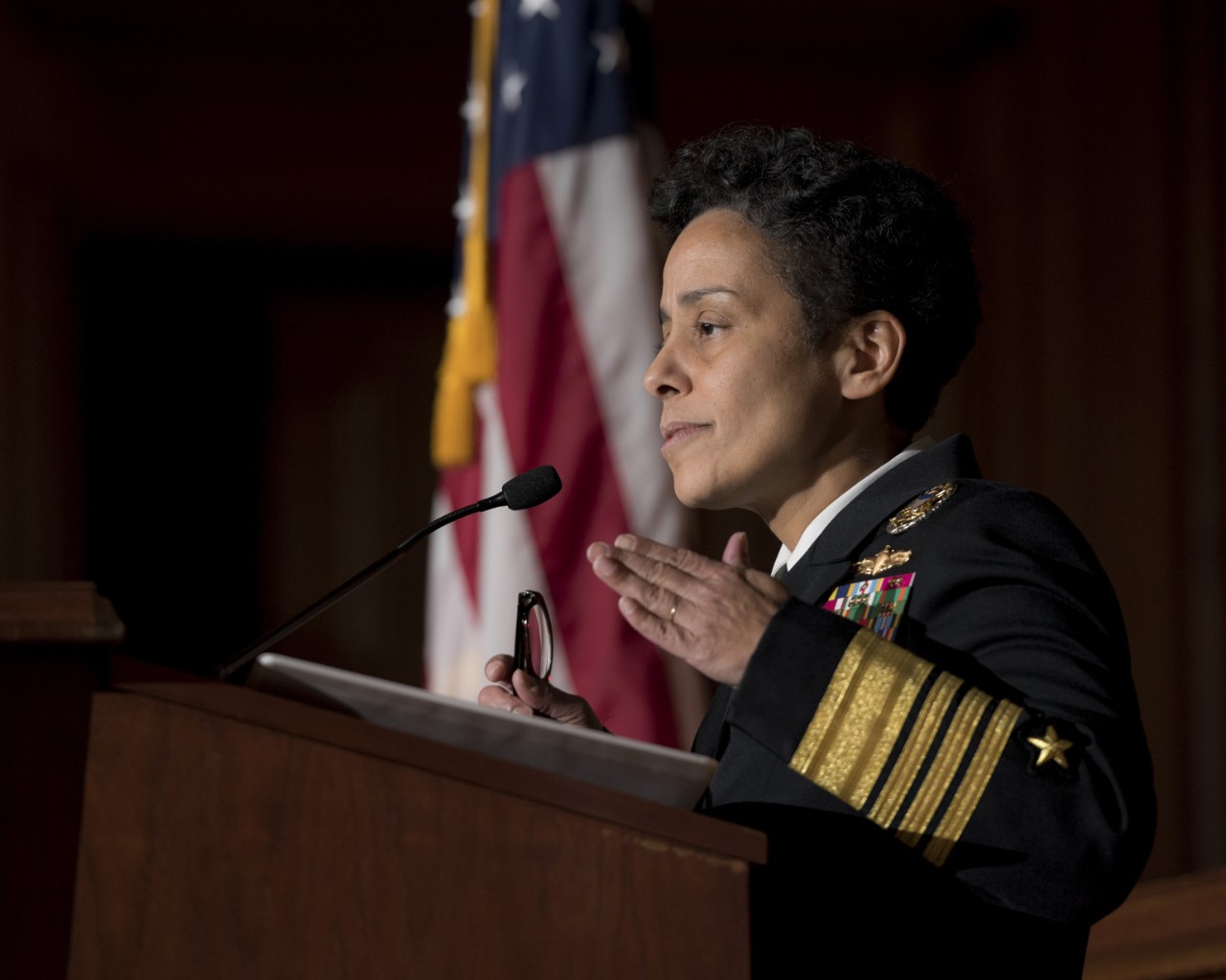 412-APD-1330-2014-1106:  Admiral Michele J. Howard, 2014.  Admiral Howard speaking at a Veteran’s Day event.   Photographed on November 6, 2014.  Official Environmental Protection Agency photograph, now in the collections of the National Archives. 
