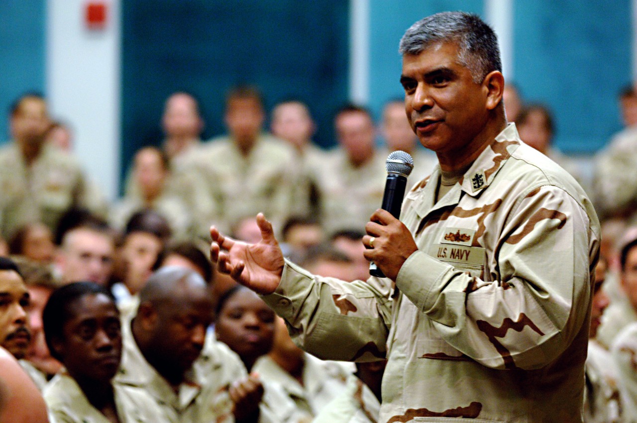 330-CFD-DN-SD-07-27623:  Master Chief Petty Officer of the Navy Joe R. Campa, Jr, 2006.   Campa addressed Sailors and Marines at Naval Support Activity, Bahrain, during a holiday tour of U.S. Naval Forces Central Command on December 27, 2006.   Photographed by MCC Julian Carroll.  Official U.S. Navy photograph, now in the collections of the National Archives. 
