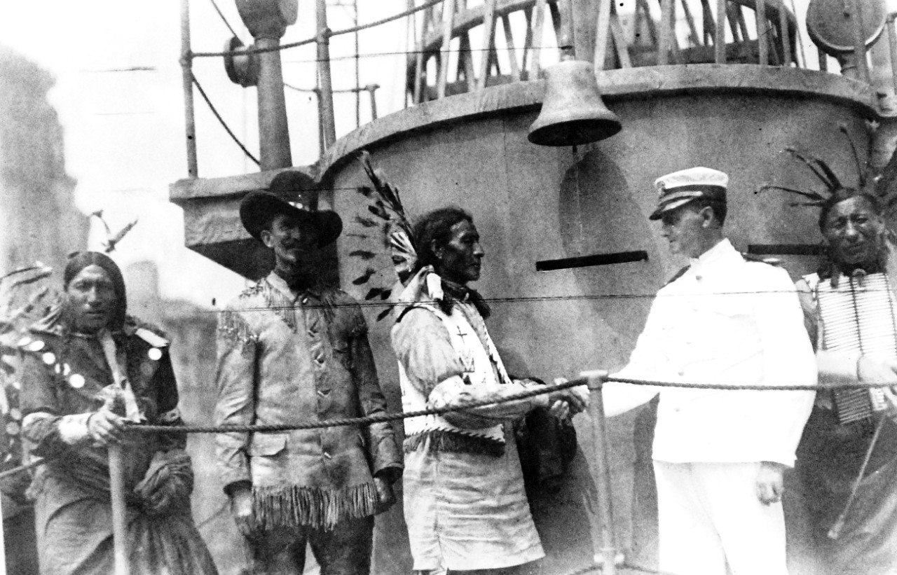 LC-Lot 10944-7:  Native Americans on board USS Recruit, 1917-1920.  Recruit was a wooden mockup of a dreadnought battleship constructed by the U.S. navy in Manhattan, New York City.  Used as a recruiting tool and training ship during World War I, it was dismantled in 1920.   Note, another USS Recruit (TDE-1, later TFFG-1) was also in service as a training tool, serving at Naval Training Center, San Diego (Point Loma), California, at various times from 1949 to 1997.   Photographed by Bain News Service, New York, between 1917-20.   Courtesy of the Library of Congress.  