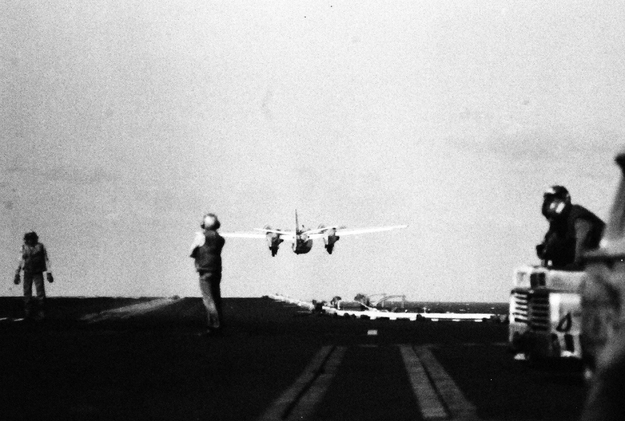 428-GX-USN-1175088:   Lieutenant Donna Lynn Spruill, July 1979.    A C-1 trader cargo transport aircraft piloted by Lieutenant Donna Lynn Spruill of Fleet Logistical Support Squadron 40, VRC-40, is launched from the flight deck of USS Independence (CV-12).  Lieutenant Spruill was the first female Naval Aviator to qualify on an aircraft carrier in a fixed wing aircraft.  Photographed July 20, 1979.  Official U.S. Navy Photograph, now in the collections of the National Archives.  