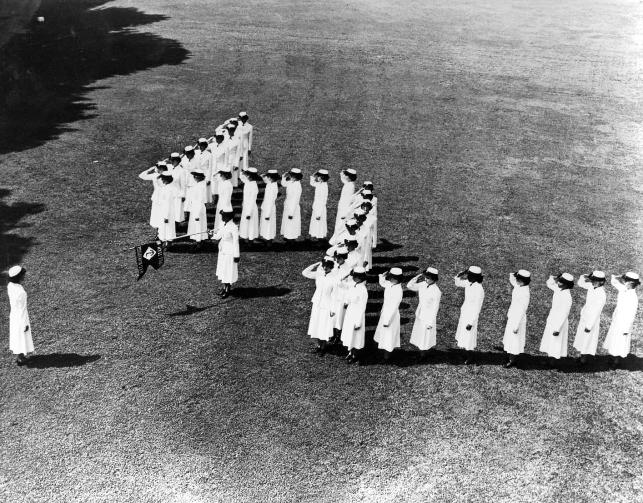 USN 708655:   Ten Years of the WAVY Blue, July 1952.   Drill Team.   The WAVES have been famous for their drill teams, one of which was recently featured in a movie.  The WAVE Drill Team of the Naval Training Center at Bainbridge, Maryland, sticks out as they begin one of the many formations executed by the 34 WAVE Trainees.  This drill formation, like the formations used going to classes, help the nautically minded women volunteers to better understand the necessity for a smart trim unit needed to win the competitive honors awarded WAVE companies going through their “Boot Camp.”  Photograph released July 24, 1952.  Official U.S. Navy photograph, now in the collections of the National Archives.  