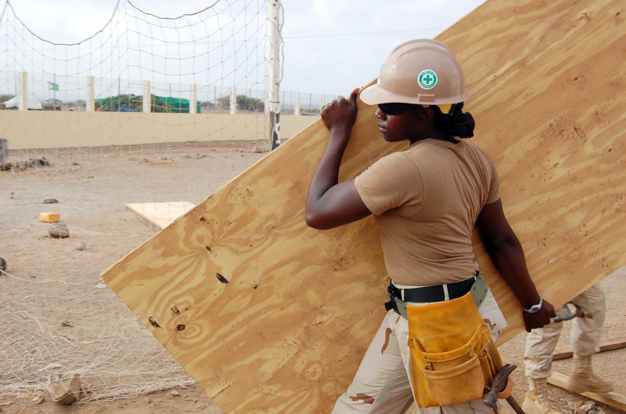 090226-N-1057H-076:  Builder 3rd Class Gwennette Jamerson, 2009.  Jamerson assigned to Naval Mobile Construction Battalion (NMCB) 11, carries plywood for a water storage tank at Ecole de Douda primary school at Grande Douda, Djibouti. The tank will provide the school with 1,500 liters of water per day.  Douda de Ecole is one of four schools NMCB-11 is making improvements to in the Combined Joint Task Force-Horn of Africa area of responsibility.  Photographed on February 26, 2009 by MC2 Erick S. Holmes.  Official U.S. Navy Photograph.  