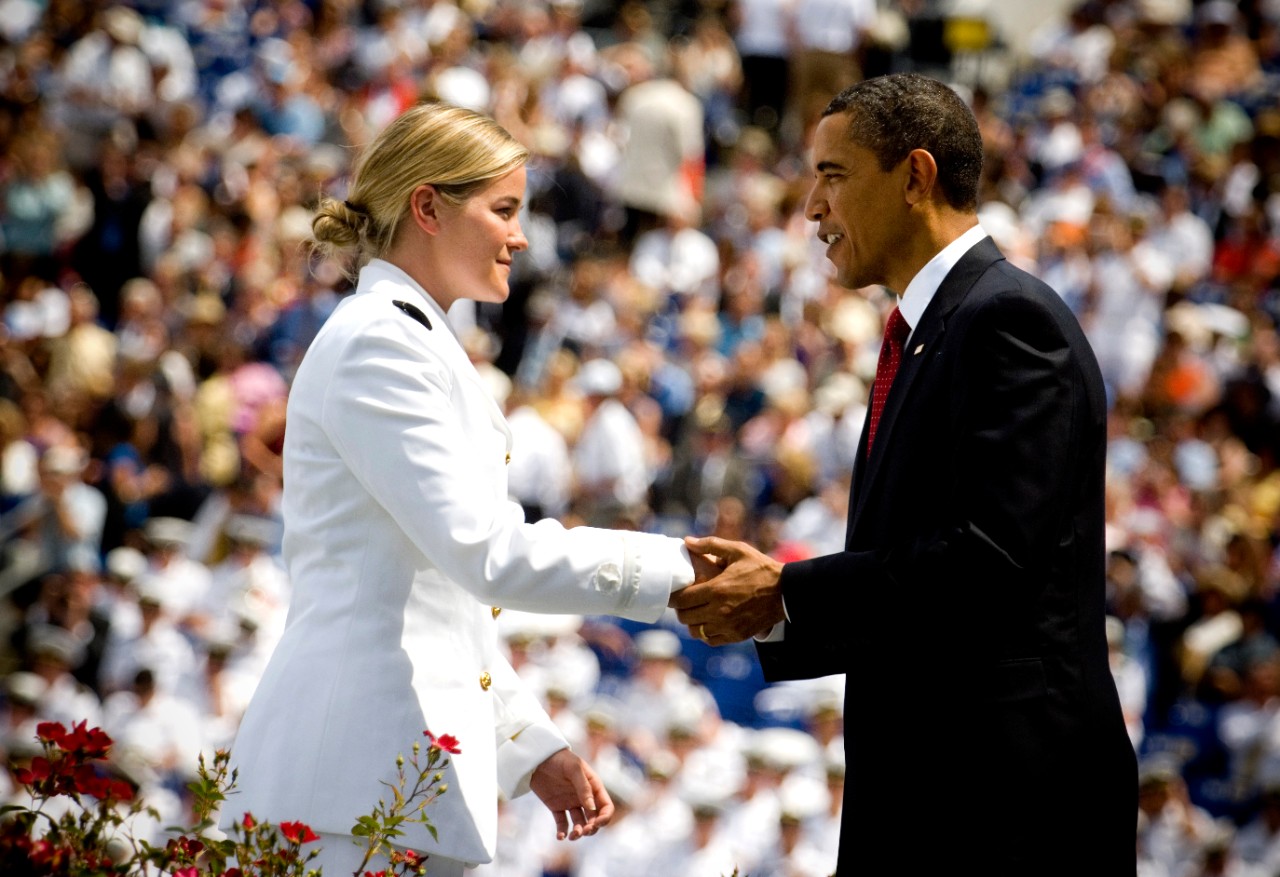 090522-N-5549O-375:  U.S. President Barack Obama congratulates Ensign Katherine Besser, 2009.    President Obama was present during the U.S. Naval Academy Class of 2009 graduation and commissioning ceremony at Navy-Marine Corps Memorial Stadium.  Photographed at Annapolis, Maryland, May 22, 2009 by MC2 Kevin S. O’Brien.  Official U.S. Navy Photograph. 