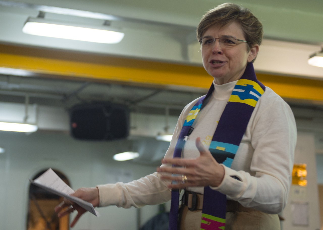 150214-N-DJ750-108:   Rear Admiral Margaret Kibben, 2015.   Kibben, Navy Chief of Chaplains, leads a service for Sailors in the forecastle of USS Carl Vinson (CVN-70).  Carl Vinson is deployed in the U.S. Fifth Fleet area of responsibility supporting Operation Inherent Resolve, strike operations in Iraq and Syria as directed, maritime security operations, and theater security cooperation efforts in the region.  Photographed by MC3 James Vazquez.   Official U.S. Navy photograph.  