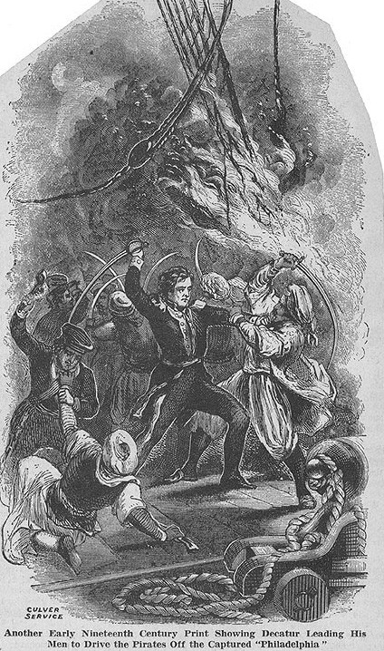 NH 50528:  Burning of USS Philadelphia, 16 February 1804.  Reproduction of a 19th Century engraving, depicting Lieutenant Stephen Decatur leading his men as they recaptured the Philadelphia in Tripoli harbor, prior to setting her afire. Published in the "American Weekly" supplement to the "Washington Times-Herald", circa March-April 1940, illustrating an article by Harold T. Wilkins.   