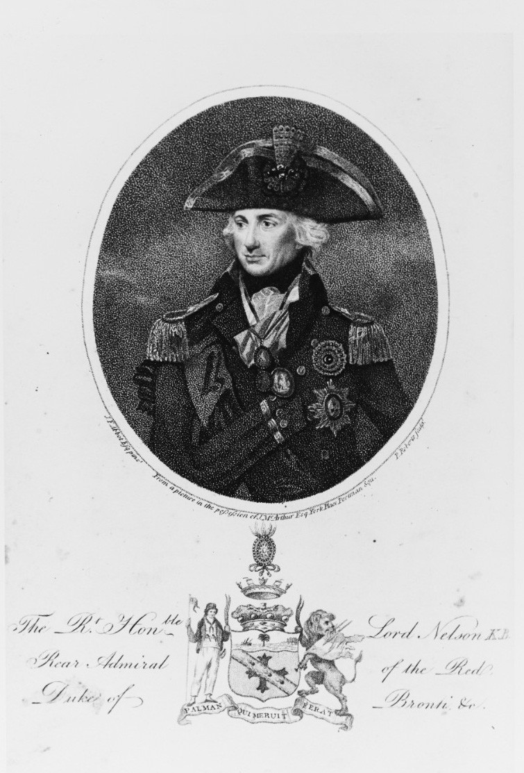 NH 66173:  Lord Horatio Nelson, Royal Navy, 1758-1805.  Stipple engraving by P. Roberts after artwork by J. F. Abbot.    Published in the Naval Chronicle, April 1800 by Bunney & Gold, London.   Horatio Nelson, Lord Nelson of the Nile, Duke of Bronti, etc.   Entered the Royal Navy in 1770.   Dates of rank:  Lieutenant 1777, Captain 1779, Rear Admiral 1797, and Vice Admiral 1801. 