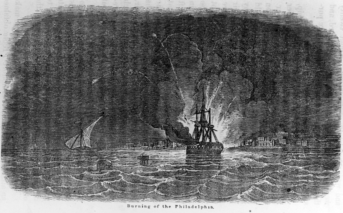 NH 60689:  "Burning of the Philadelphia".  19th Century engraving, depicting the burning of USS  Philadelphia in Tripoli harbor by a boarding party led by Lieutenant Stephen Decatur, 16 February 1804.  