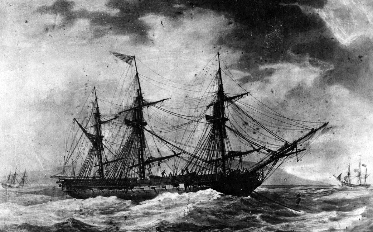 NH 1303:  USS President in gale of Marseilles.  Artwork by Antone Roux, 1802.   