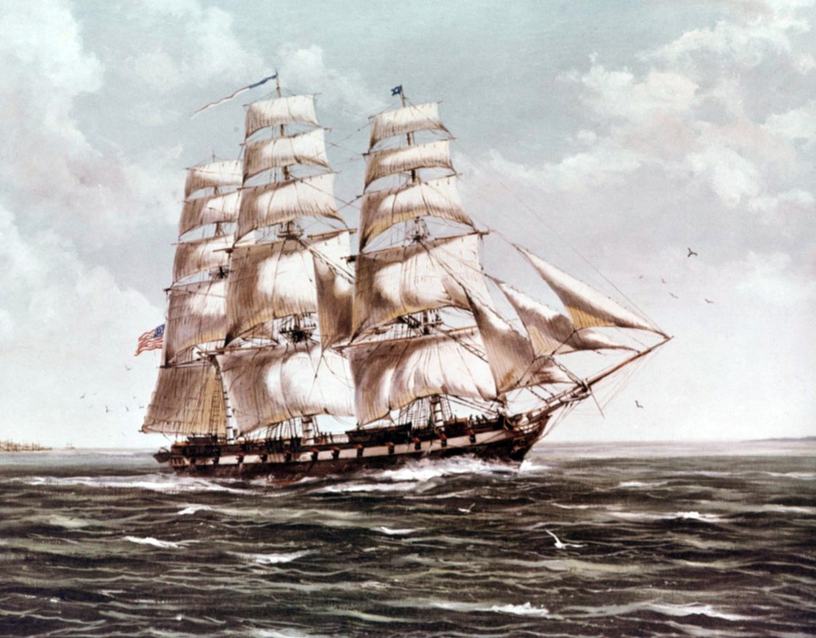 NH 82721-KN (Color):  USS Constellation, (1797-1854), leaving Annapolis Harbor, 3 January 1813, under Captain Charles Stewart.  Courtesy of Donald F. Stewart, 1975.  