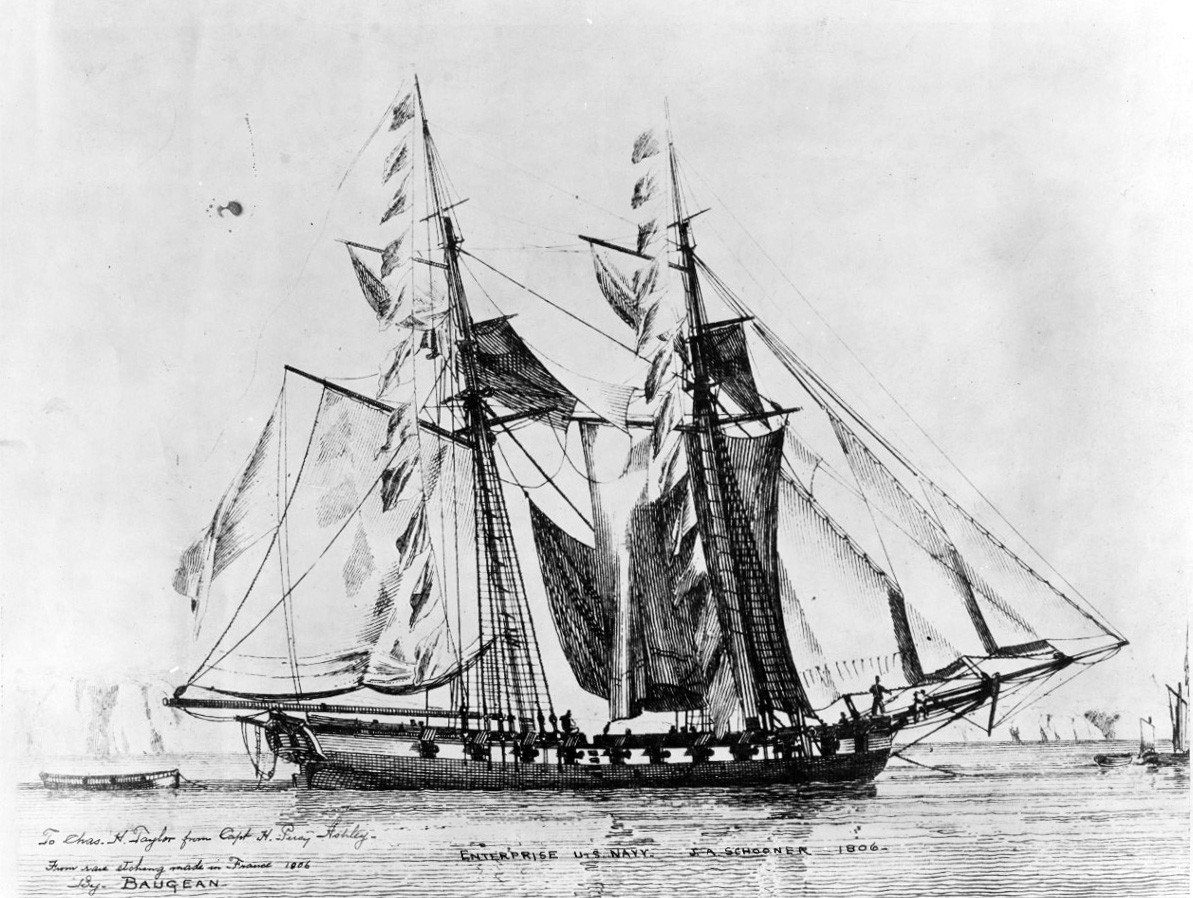 NH 54387:  USS Enterprise, 1799-1823.  Drawing after an etching made in France by Baugean in 1806.   Showing Enterprise as she appeared in 1806, rigged as a schooner.   Courtesy of Charles H. Taylor, 1934.   