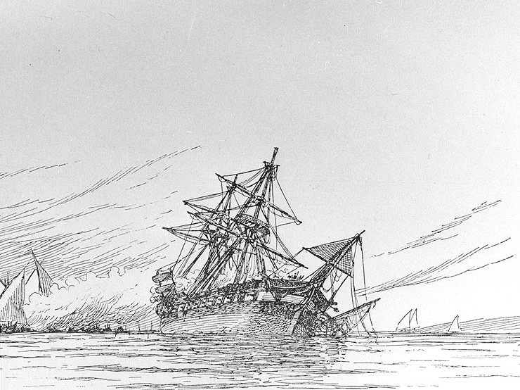 NH 74530: Capture of USS Philadelphia, 31 October 1803. Sketch by Fred S. Cozzens, copied from his book "Our Navy -- Its Growth and Achievements", 1897. It depicts Philadelphia under attack by gunboats while aground off Tripoli.