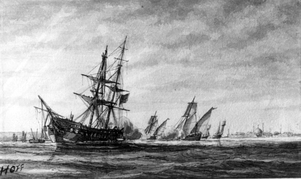 NH 56734: Stranding and capture of USS Philadelphia, 31 October 1803. Sketch by William Bainbridge Hoff. It depicts Philadelphia under attack by gunboats off Tripoli, after she ran aground on uncharted rocks while chasing a small enemy vessel.