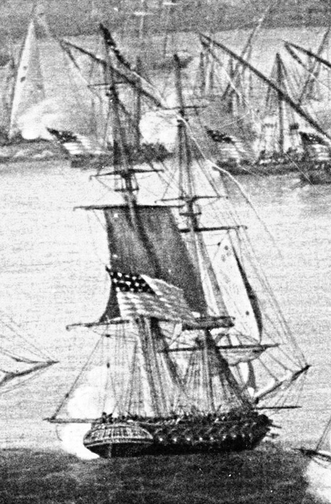 NH 65536-KN (Color):  USS Siren, cropped from artwork by Michaele Corne entitlted, “Battle of Tripoli,” which depicts Preble’s Squadron in action against Tripoli on 3 August 1804.   
