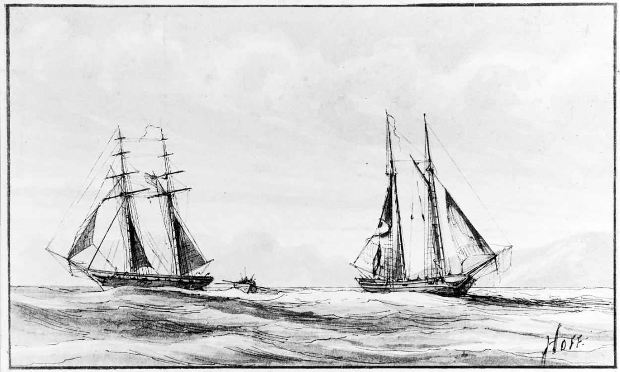U.S. Schooner Experiment captures French Privateer Deux Amix Experiment capturing the French Privateer “Deux Amix.” Drawing by Captain William Bainbridge Hoff.