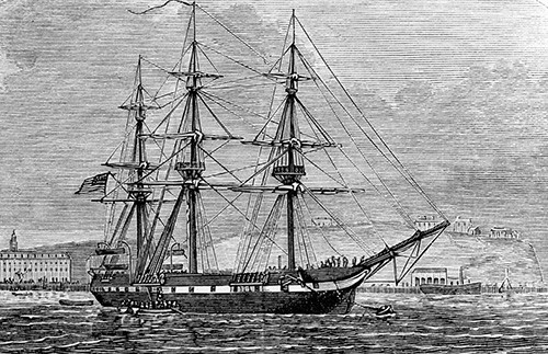 NH 55377: USS Constellation (1855-1953), off Haudbowline, Cork Harbor, Ireland, circa April 1880, when she carried famine relief supplies to the country. NHHC Photograph Collection.