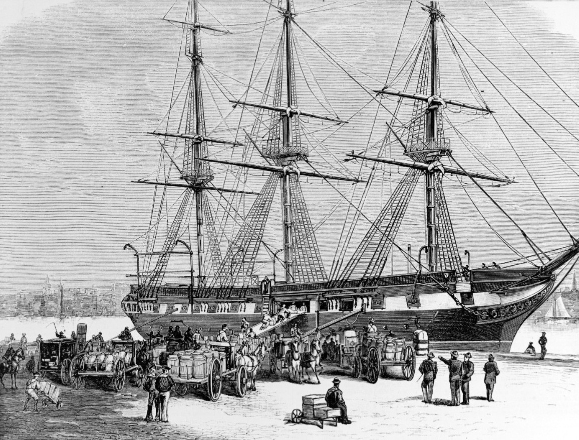 NH 55378:  USS Constellation (1855-1953), loading famine relief supplies for Ireland at New York City Navy Yard, March 1880.   NHHC Photograph Collection.  