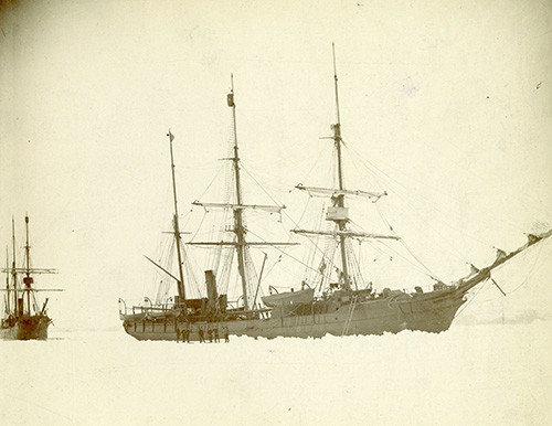NH 2145:  Greely Relief Expedition, May - August 1884.  USS Thetis (1884-1899) in the ice off Horse Head Island, Greenland on 4 June 1884, early in the search for survivors of the Greely polar exploration party.  USS Bear (1884-1885, later AG-29) is astern (at left).  NHHC Photograph Collection.  