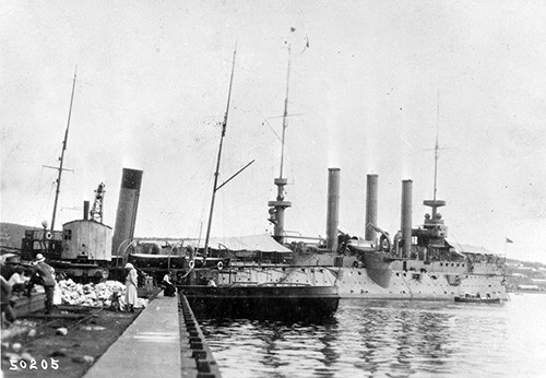NH 56585:  USS Brooklyn (Cruiser #3), in port, Vladivostok, Russia, 1919-20.   NHHC Photograph Collection