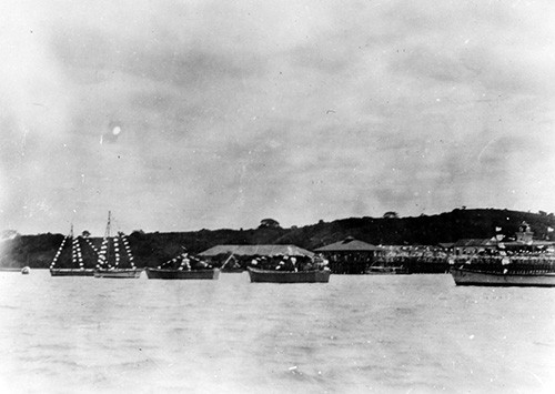 NH 833:  Amapala, Honduras, November 1928-January 1929.   Decorated boats in the harbor.  NHHC Photograph Collection.   