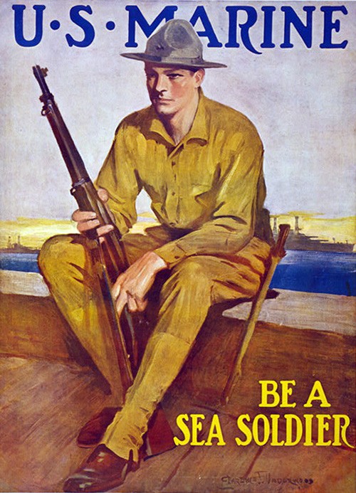 LC-USZC4-9947:   Recruiting Poster – U.S. Marine -- Be A Sea Soldier.  Artwork by Clarence F. Underwood, 1917.   Courtesy of the Library of Congress