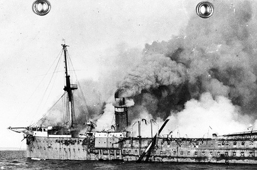 19-N-11576: French transport Vinh-Long aflame from stem to stem in the Sea of Marmora. This view was taken after the removal of survivors. Bureau of Ships Photograph Collection.