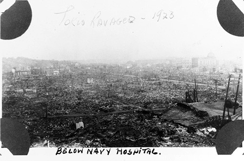 NH 91405:   Tokyo-Yokohama Earthquake, September 1923.   Ruins of the city below the destroyed U.S. Navy Hospital.   NHHC Photograph Collection.  